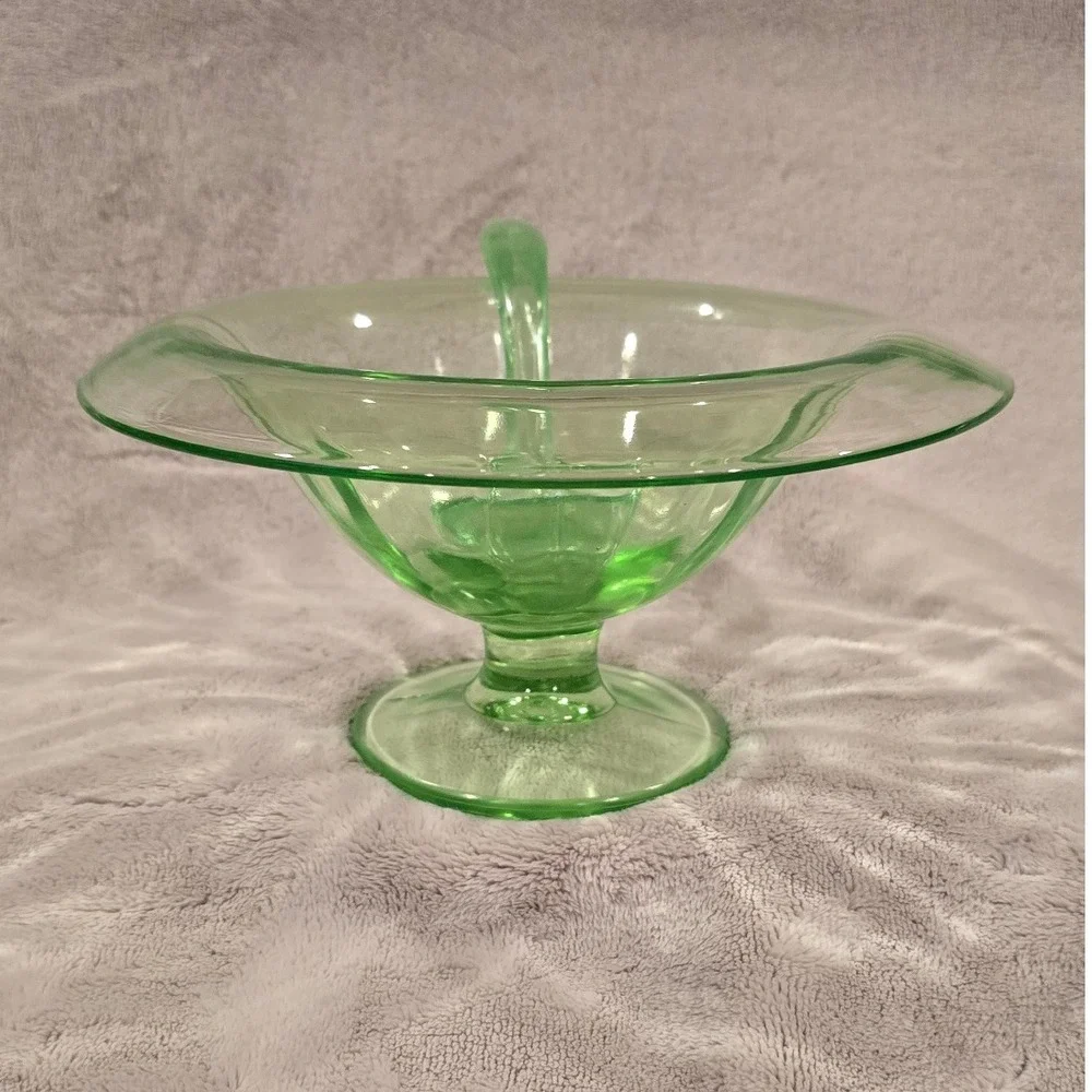Vintage Uranium Glass Footed Pedestal Mayonnaise Bowl Spoon Set‎